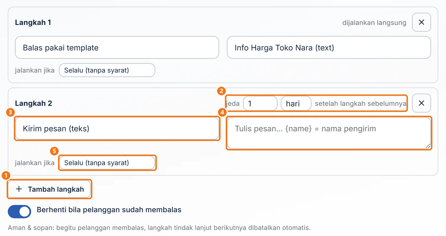 Kotak Langkah 2 yang baru ditambahkan, berisi jeda dan syarat jalankan jika