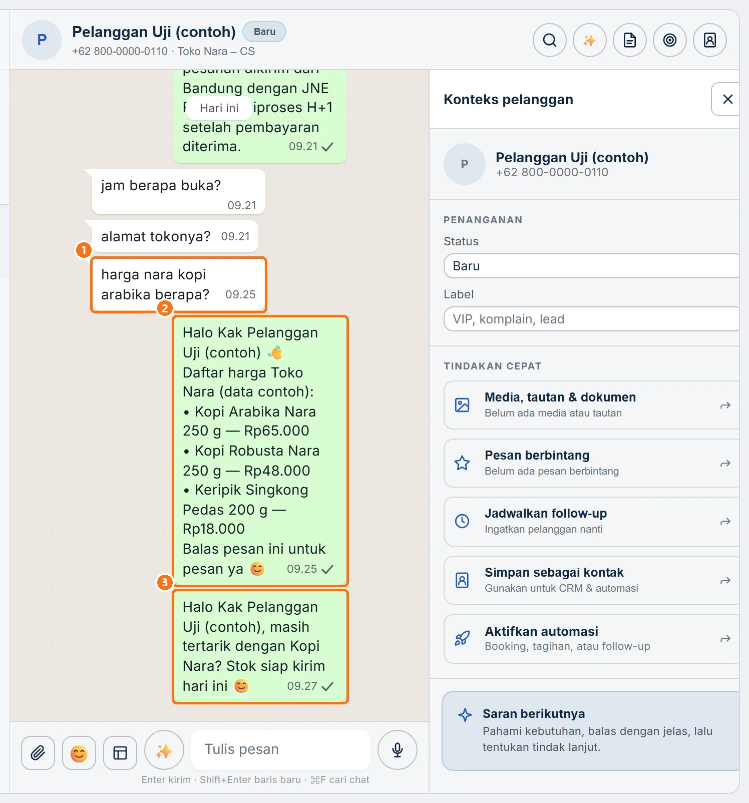 Chat uji di Inbox berisi pesan uji, template harga, lalu pesan Langkah 2