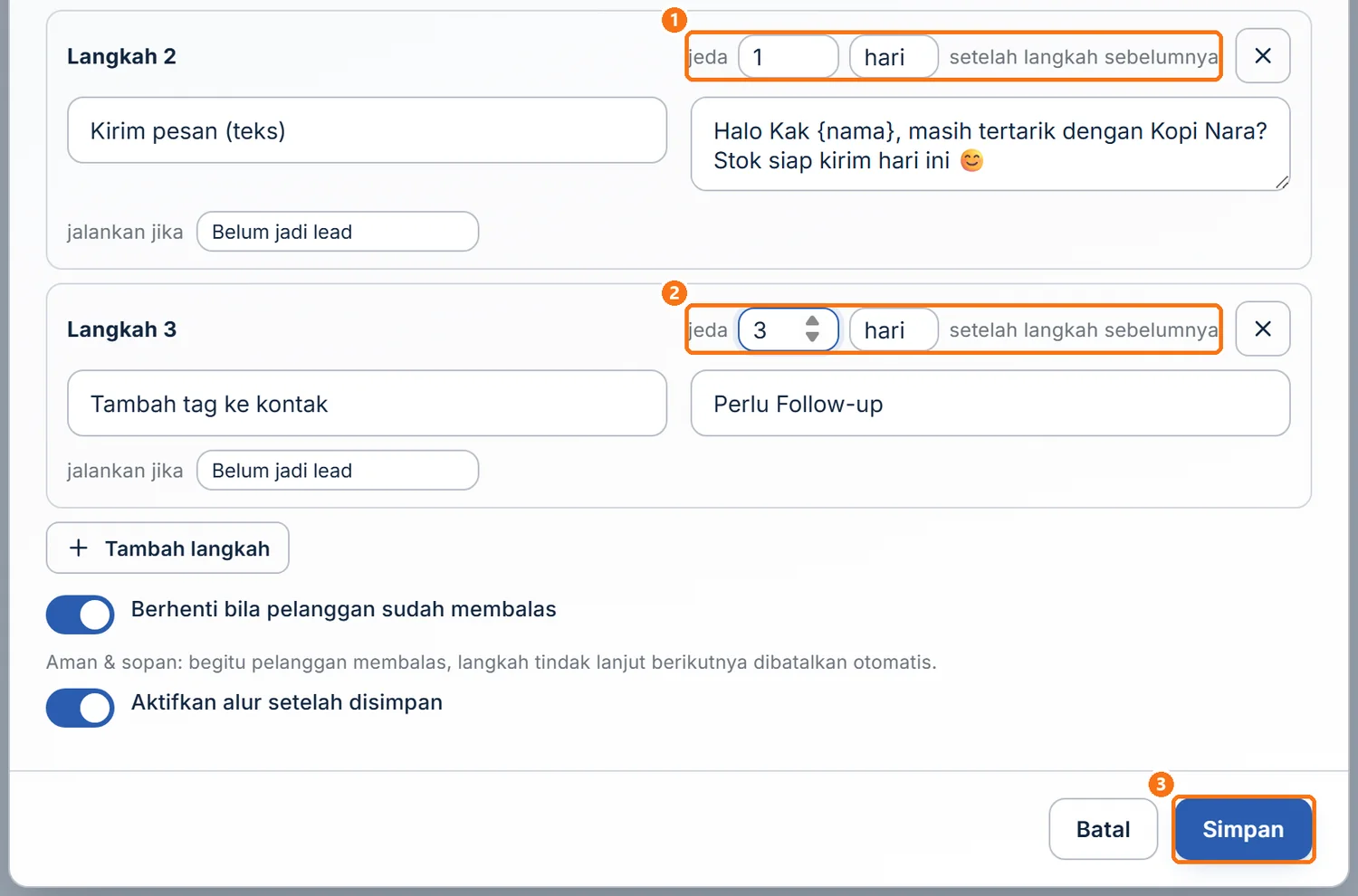 Jendela Edit alur otomatis digulir ke bawah, jeda Langkah 2 dan Langkah 3 sudah diganti