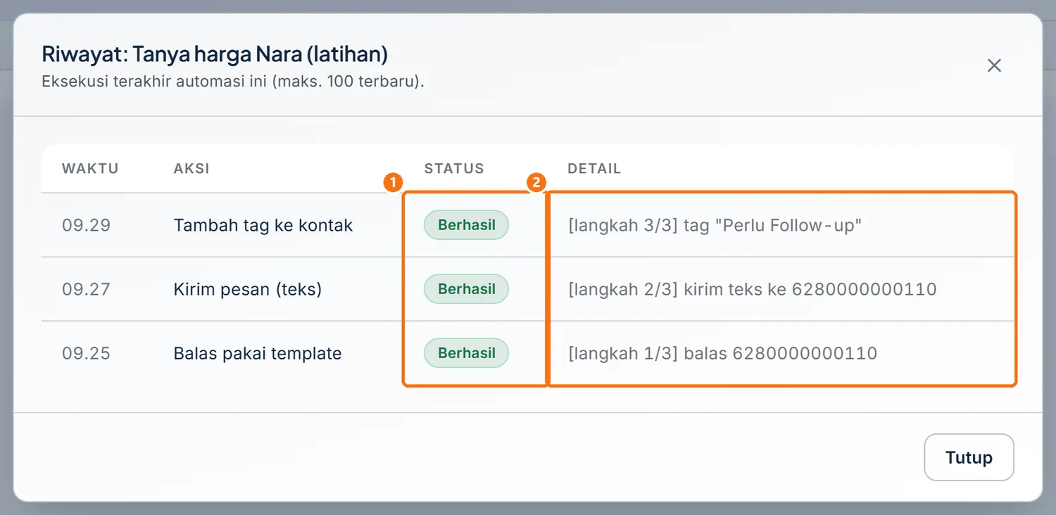 Riwayat eksekusi berisi tiga baris Berhasil, dengan keterangan langkah 1/3 sampai 3/3