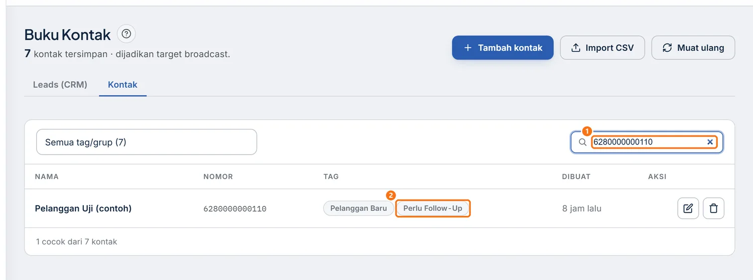 Buku Kontak tersaring nomor uji, berisi tag Perlu Follow-up