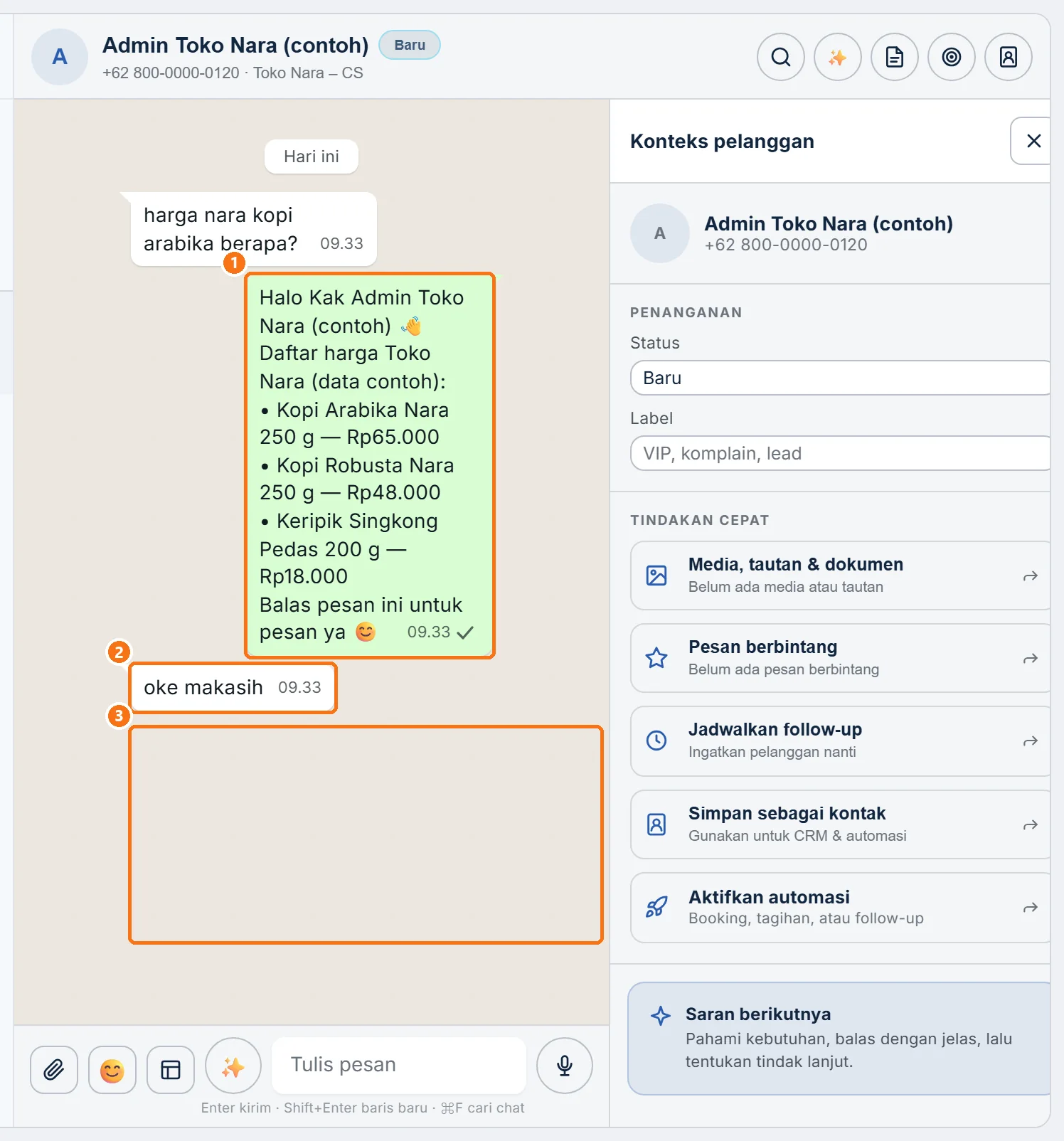 Chat uji berisi template harga dan balasan pelanggan, tanpa pesan sesudahnya