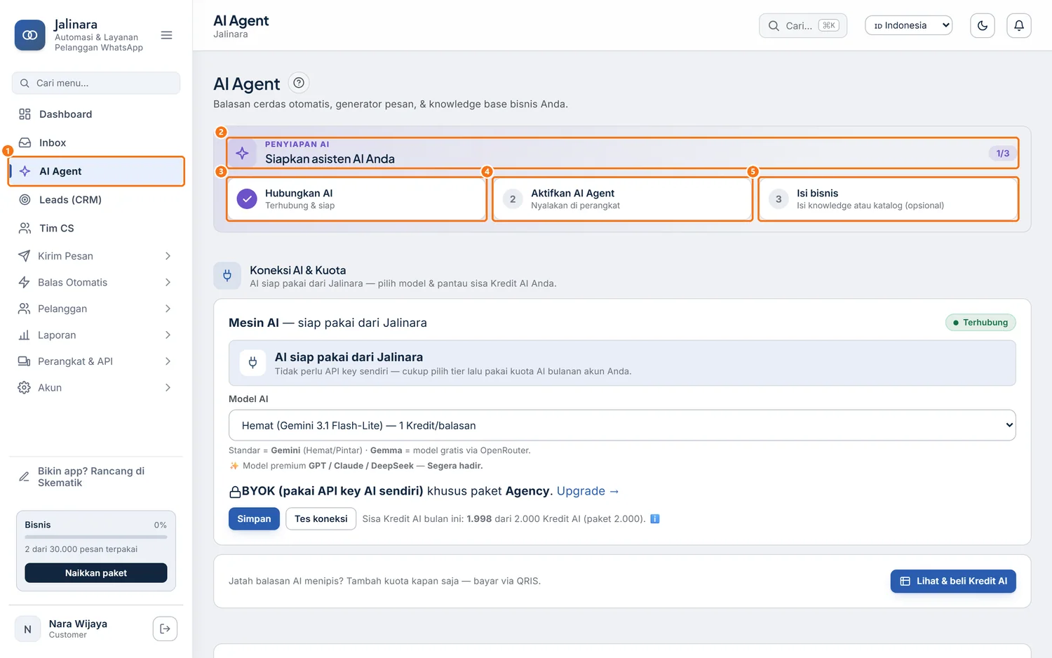 Menu AI Agent di sidebar dan bagian atas halaman dengan panel Penyiapan AI