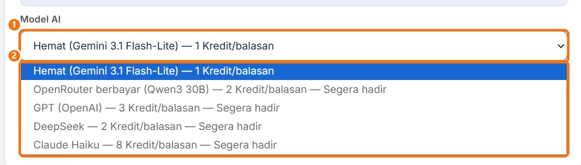 Daftar Model AI terbuka, setiap pilihan menyebut Kredit per balasan