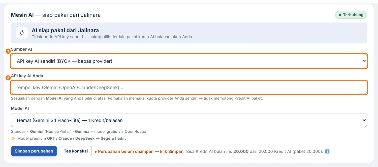 Kartu Koneksi AI & Kuota dengan Sumber AI disetel ke BYOK sehingga kolom API key AI Anda tampil