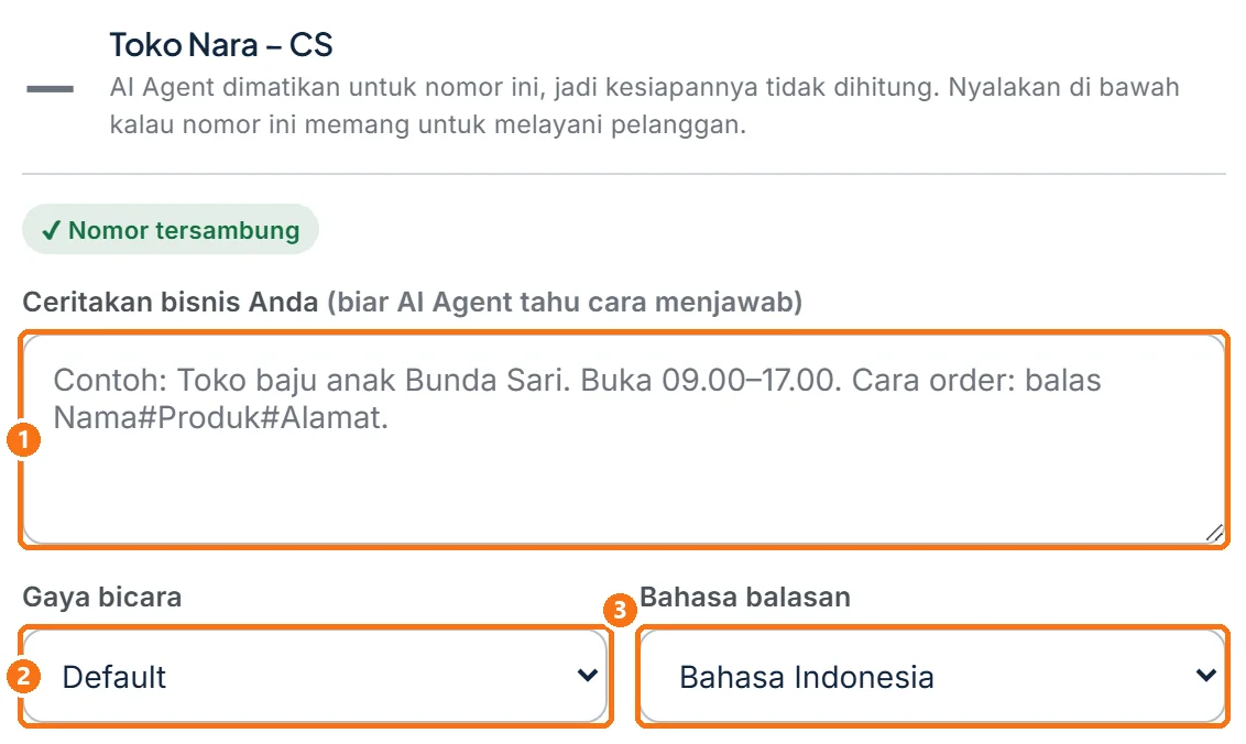 Form pengaturan nomor yang masih kosong, dengan kolom cerita bisnis, gaya bicara, dan bahasa balasan
