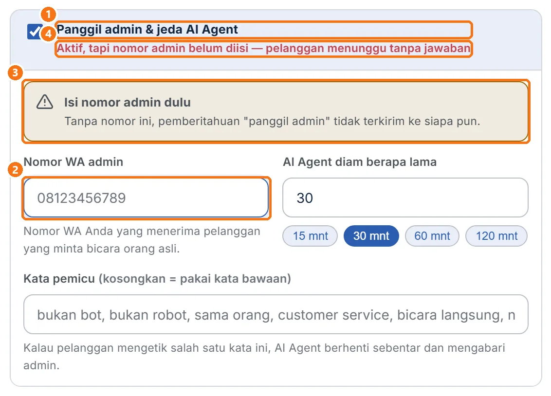 Kotak Panggil admin & jeda AI Agent baru dicentang, dengan peringatan Isi nomor admin dulu
