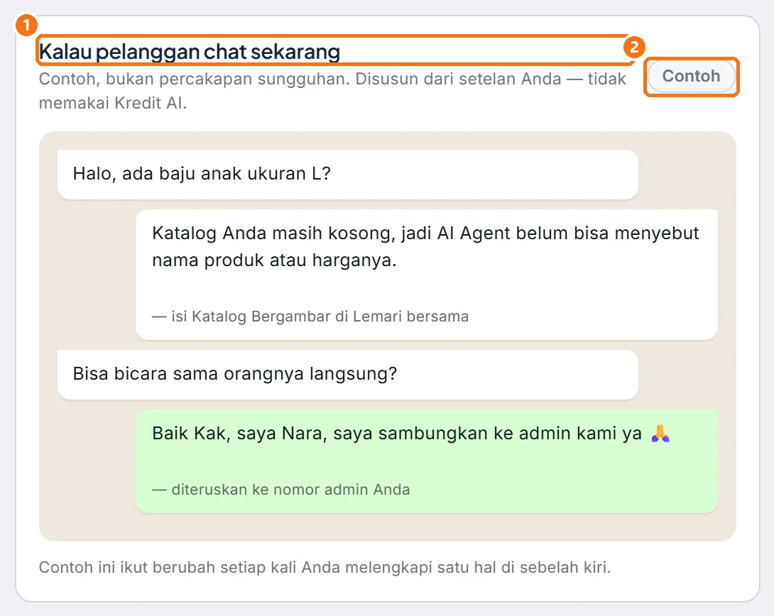 Panel contoh percakapan yang disusun dari pengaturan Toko Nara