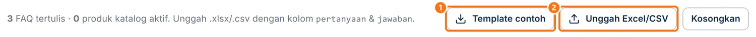 Tombol Template contoh dan Unggah Excel/CSV di bagian Knowledge Base