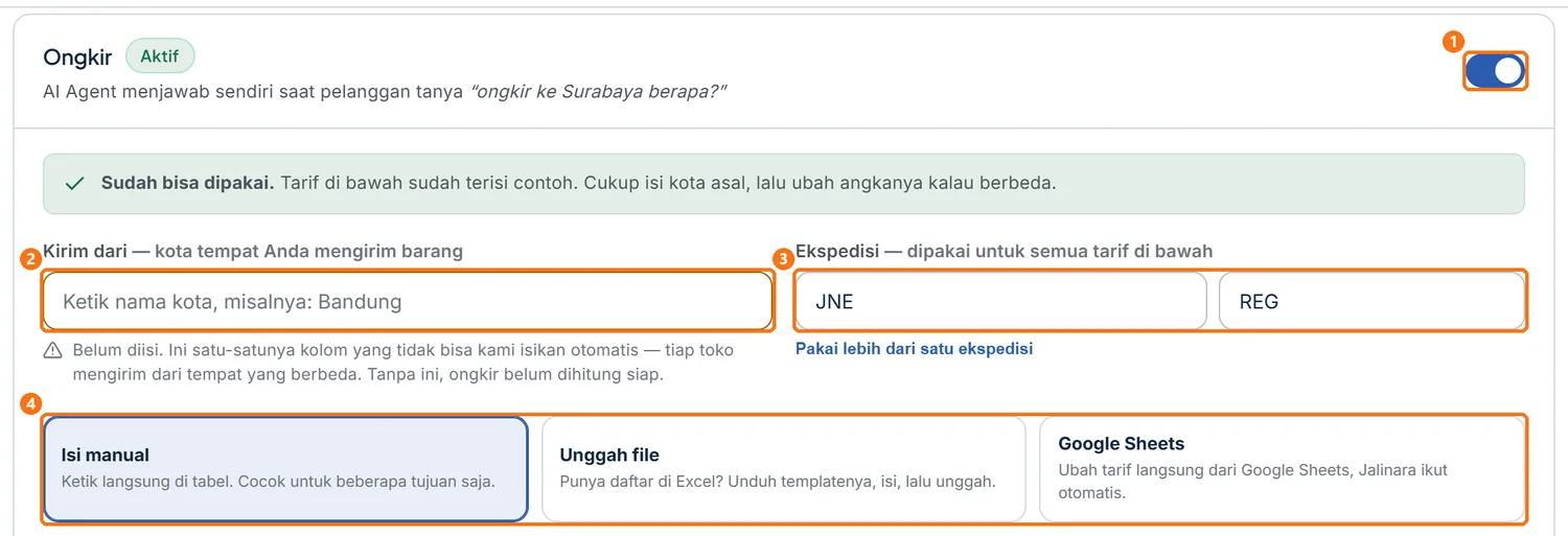 Ongkir setelah dinyalakan, dengan kolom kota asal, ekspedisi, dan pilihan sumber tarif