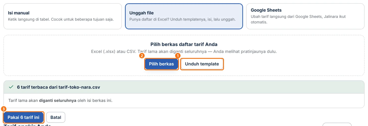 Panel Unggah file dengan tombol Unduh template, Pilih berkas, dan pratinjau tarif yang terbaca
