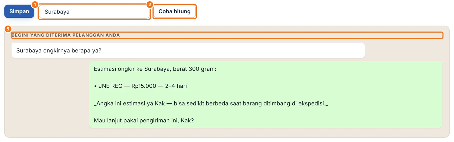 Hasil Coba hitung ke Surabaya dalam bentuk pesan yang diterima pelanggan