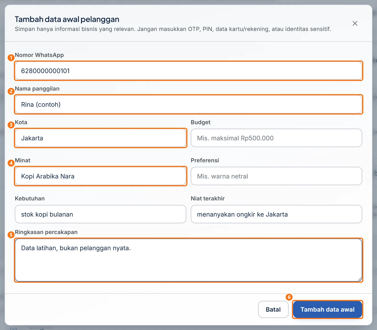 Jendela Tambah data awal pelanggan yang sudah terisi data contoh