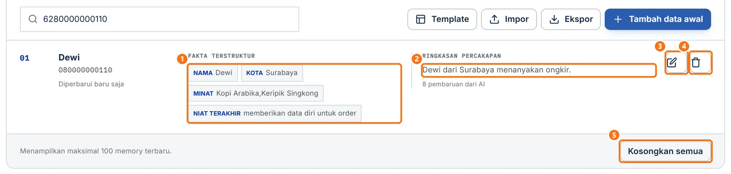 Daftar Memory Pelanggan berisi pelanggan uji dengan fakta terstruktur dan ringkasan percakapan