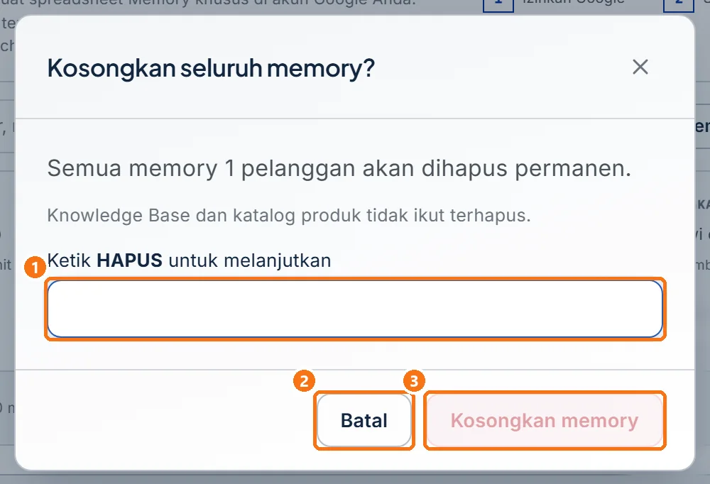 Dialog Kosongkan seluruh memory dengan kolom ketik HAPUS, tombol Batal, dan tombol Kosongkan memory