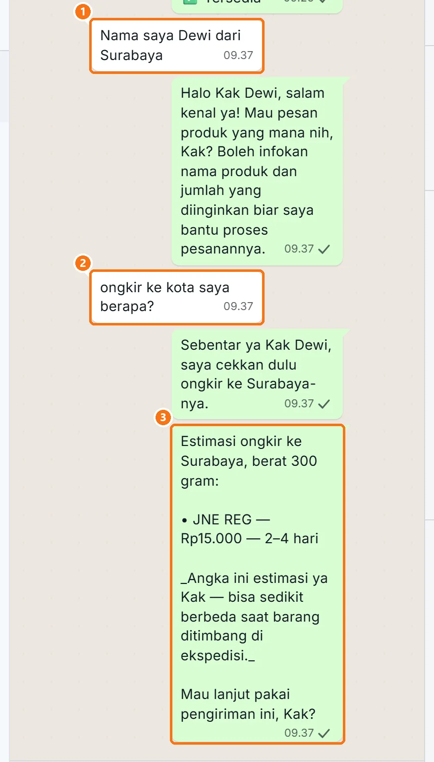 Chat uji di Inbox: pelanggan memperkenalkan diri dari Surabaya, lalu bertanya ongkir tanpa menyebut kota