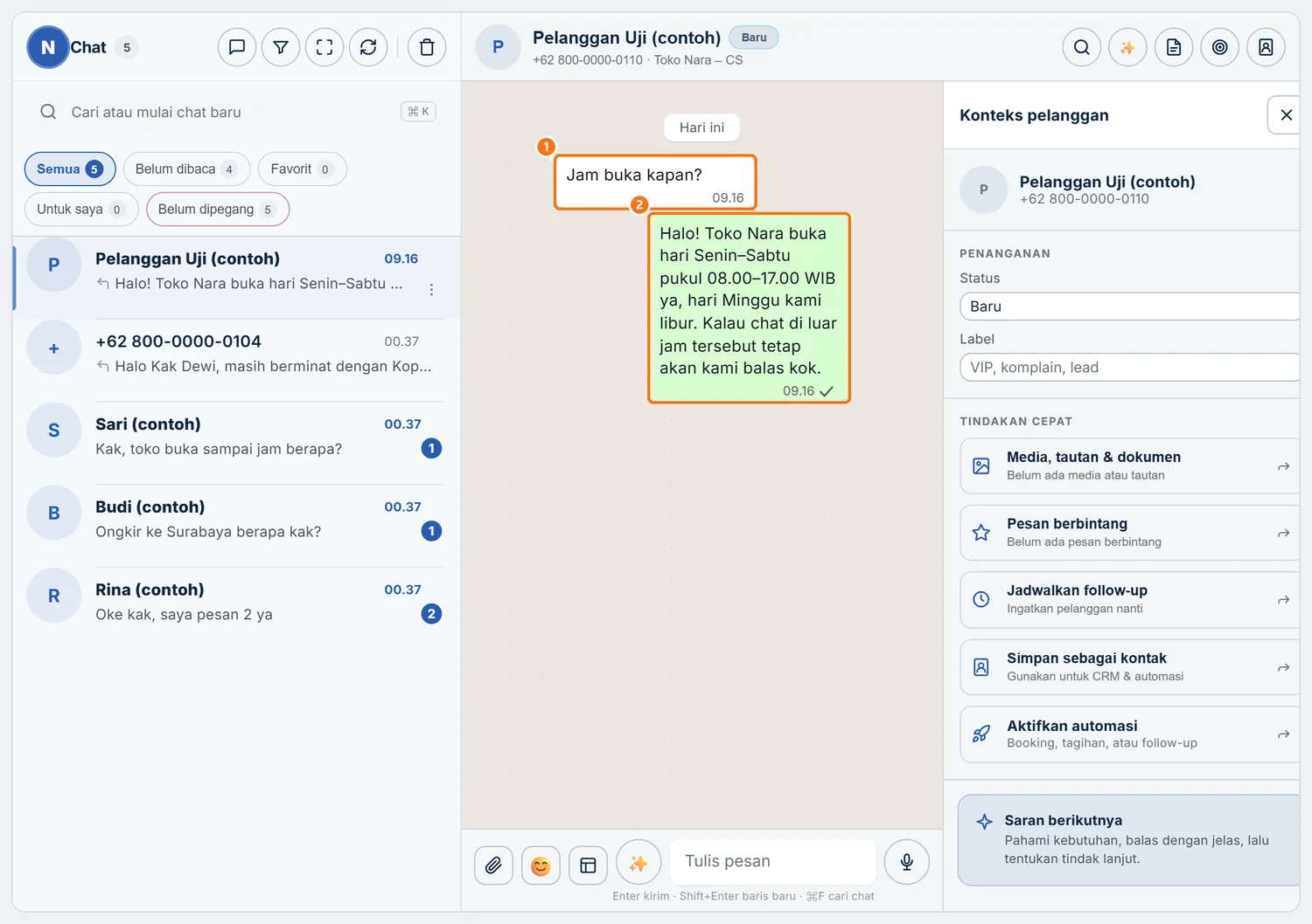Inbox: chat nomor uji berisi pertanyaan dan jawaban AI
