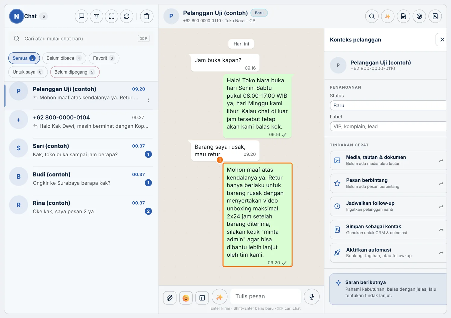 Chat di Inbox berisi jawaban AI untuk pertanyaan retur
