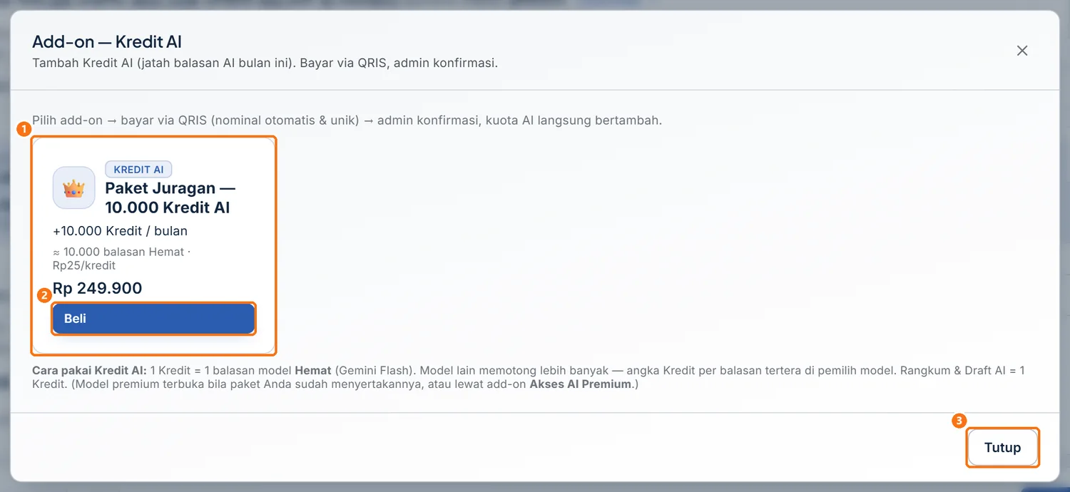 Jendela Add-on — Kredit AI berisi kartu paket Kredit, tombol Beli, dan tombol Tutup