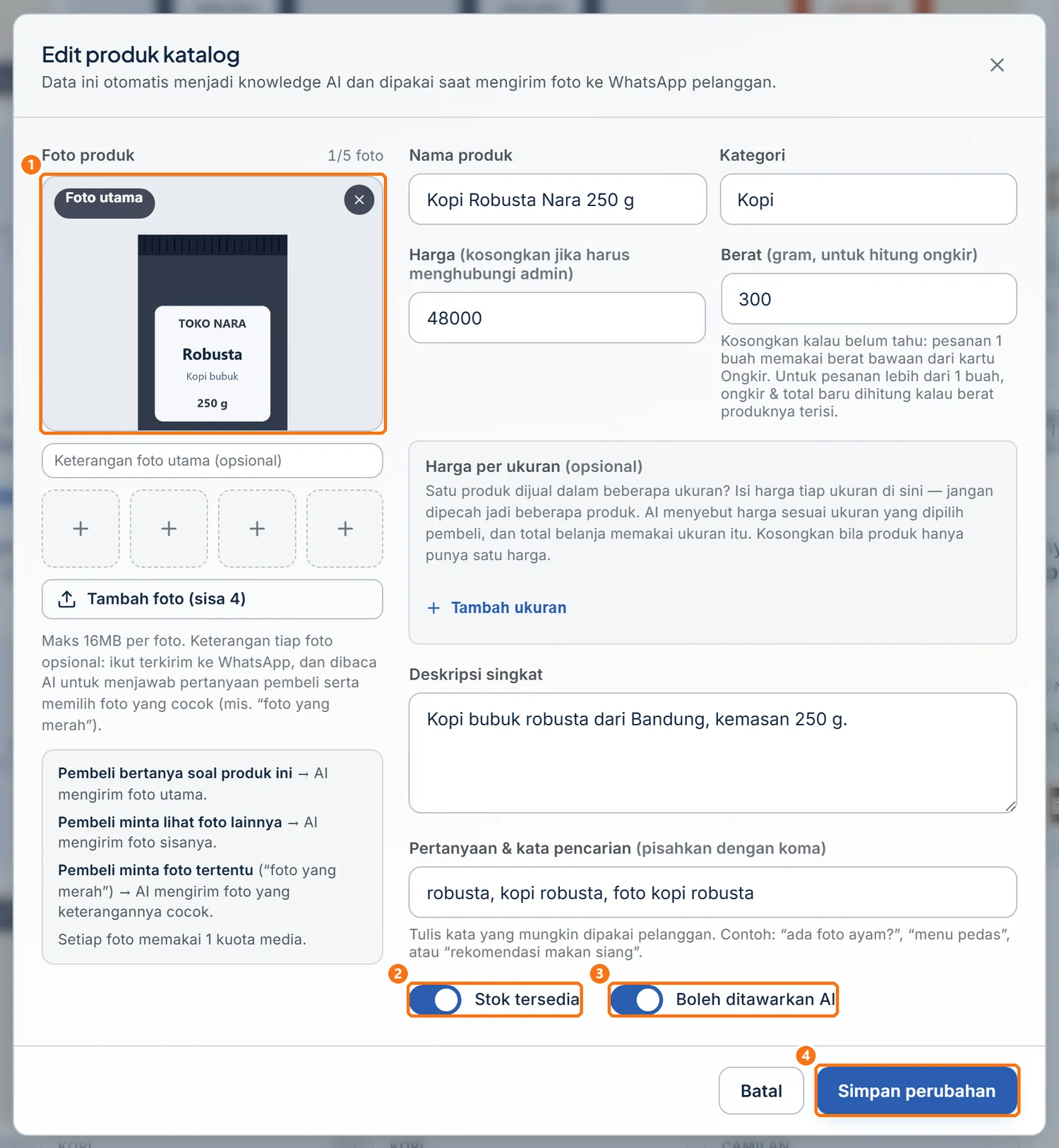 Jendela Edit produk katalog dengan sakelar Stok tersedia dan Boleh ditawarkan AI