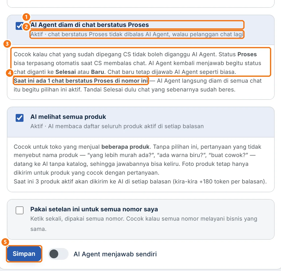 Pilihan AI Agent diam di chat berstatus Proses dalam keadaan dicentang dan sudah disimpan